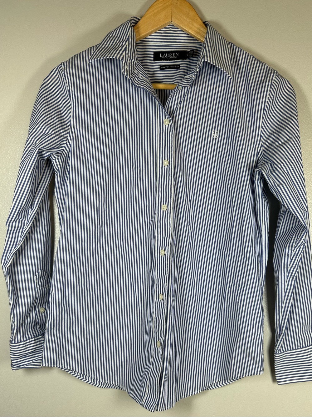 Lauren Ralph Lauren Non-Iron Blue White Striped Stretch Button Down Cotton Shirt - Picture 6 of 13